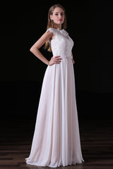 Wedding Dress Bride, Light Pink Chiffon Wedding Dresses with veil Lace Appliques Top Short Sleeve
