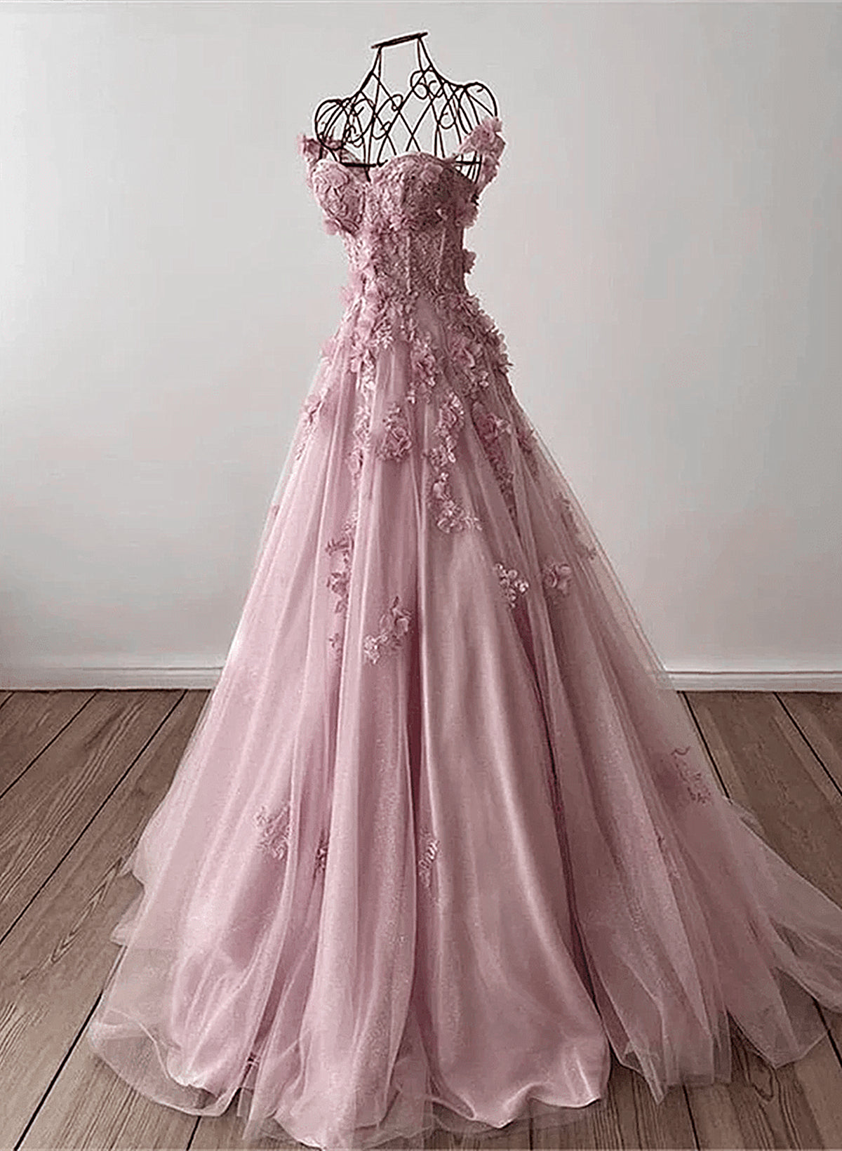 Wedding, Light Pink Off Shoulder Tulle Floral Party Dress, A-line Pink Tulle Prom Dress Evening Dress