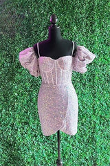 Bridesmaids Dresses Fall, Light Pink Puff Sleeves Sequins Sheath Homecoming Dress Cocktail