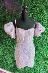 Bridesmaid Dress Colours, Light Pink Puff Sleeves Sequins Sheath Homecoming Dress Cocktail