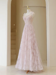 Bridesmaid Dress Website, Light Pink Round Neckline Lace Long Prom Dress, A-line Pink Floor Length Party Dress