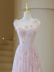 Bridesmaid Dresses In Store, Light Pink Round Neckline Lace Long Prom Dress, A-line Pink Floor Length Party Dress
