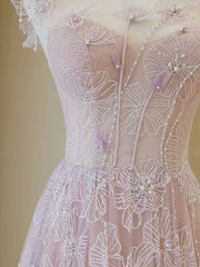 Bridesmaid Dresses Custom, Light Pink Round Neckline Lace Long Prom Dress, A-line Pink Floor Length Party Dress