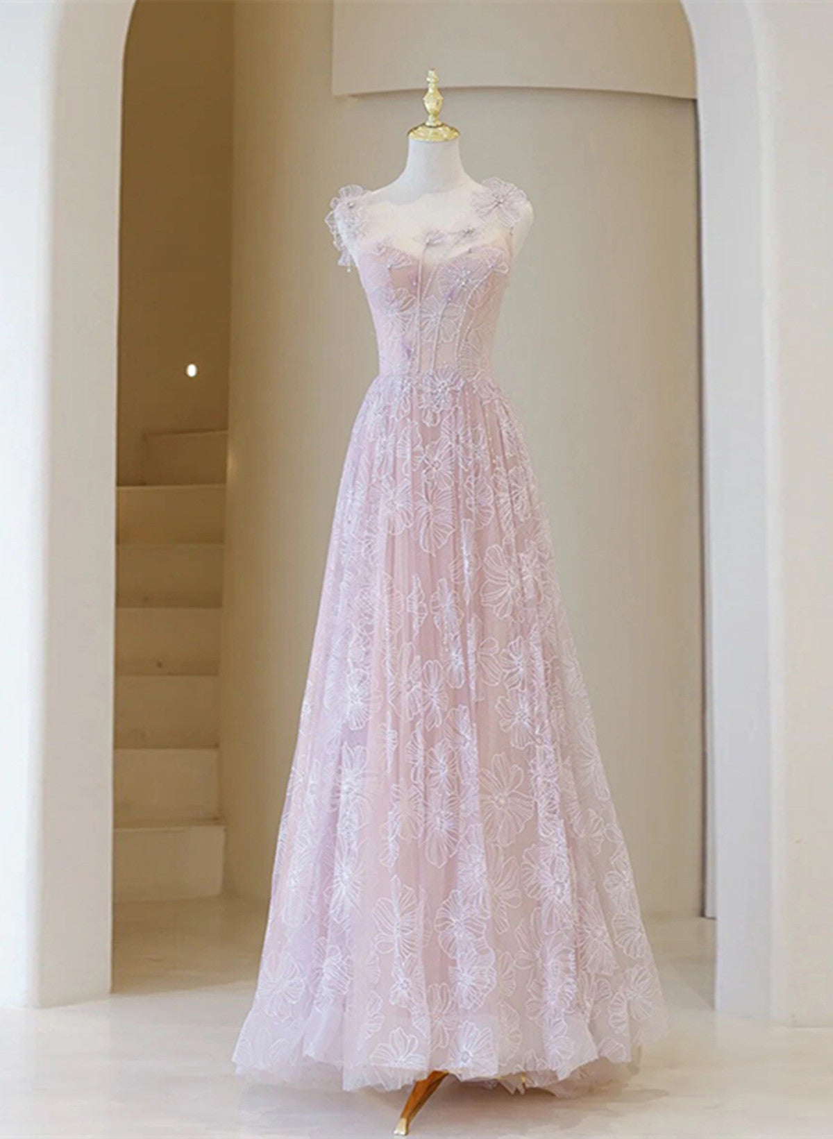 Bridesmaid Dresses Websites, Light Pink Round Neckline Lace Long Prom Dress, A-line Pink Floor Length Party Dress