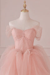 Party Dress Europe, Light Pink Tulle Off Shoulder Lace and Beaded Prom Dress, Pink Formal Dress