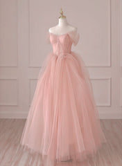 Party Dresses For Ladies, Light Pink Tulle Off Shoulder Lace and Beaded Prom Dress, Pink Formal Dress