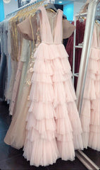 Party Dresses Fall, Light Pink V-Neck Ruffles Prom Dress