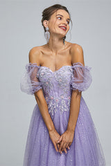 Formal Dress Elegant, Light Purple Lace And Sequins Tulle Off The Shoulder Floor Length Dresses