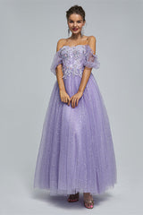 Formal Dress Outfit Ideas, Light Purple Lace And Sequins Tulle Off The Shoulder Floor Length Dresses