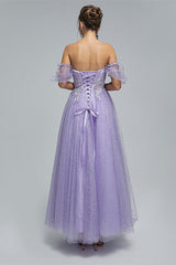 Formal Dress Attire, Light Purple Lace And Sequins Tulle Off The Shoulder Floor Length Dresses