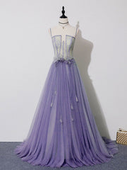 Cute Dress, Light Purple Lace Top and Tulle A-line Straps Evening Dress Formal Dress, Purple Prom Dress