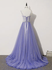 Gown, Light Purple Lace Top and Tulle A-line Straps Evening Dress Formal Dress, Purple Prom Dress
