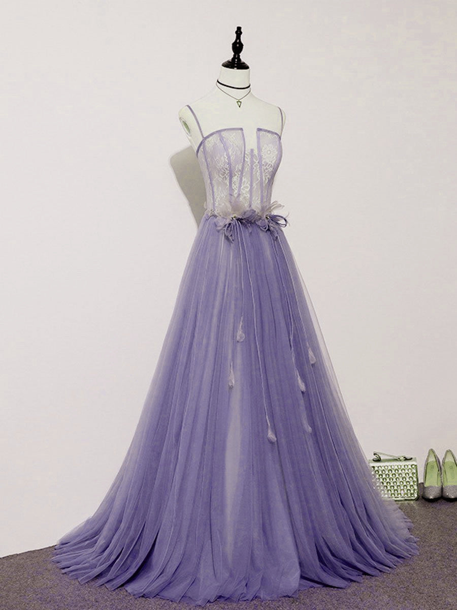 Reception Dress, Light Purple Lace Top and Tulle A-line Straps Evening Dress Formal Dress, Purple Prom Dress