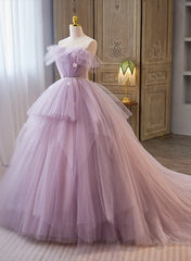 Classy Prom Dress, Light Purple Tulle Ball Gown Long Sweet 16 Dress, Off Shoulder Light Purple Formal Dress