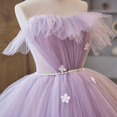 Short Dress, Light Purple Tulle Ball Gown Long Sweet 16 Dress, Off Shoulder Light Purple Formal Dress
