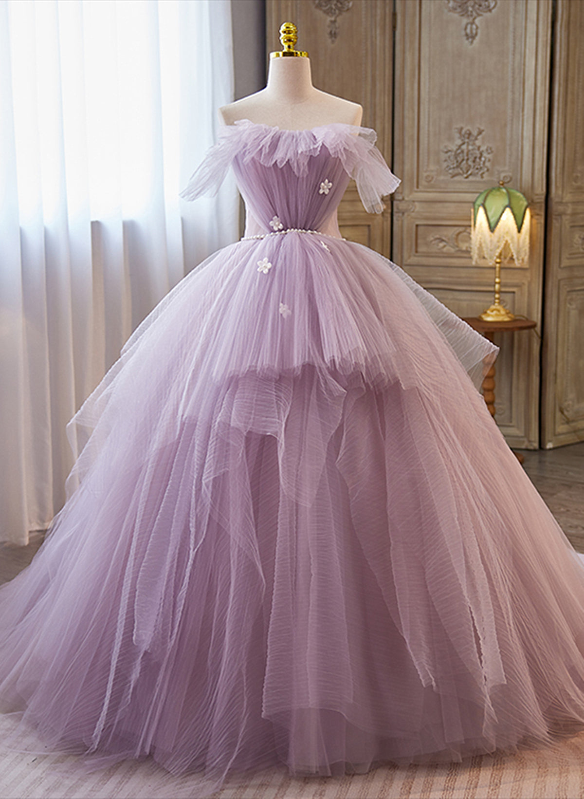 Vintage Dress, Light Purple Tulle Ball Gown Long Sweet 16 Dress, Off Shoulder Light Purple Formal Dress