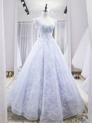 Prom Dresses Brand, Light purple tulle lace long prom dress, blue evening dress