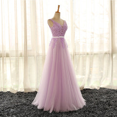 Bride Dress, Light Purple V-neckline Long Formal Dress, Tulle Lace Applique Bridesmaid Dress