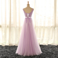 Gala Dress, Light Purple V-neckline Long Formal Dress, Tulle Lace Applique Bridesmaid Dress
