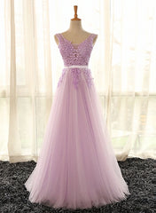 Bachelorette Party Outfit, Light Purple V-neckline Long Formal Dress, Tulle Lace Applique Bridesmaid Dress
