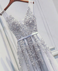 Wedding Dresse Vintage Lace, Light Sliver Grey Lace Applique V-neckline Long Party Dress, Light Grey Wedding Party Dress