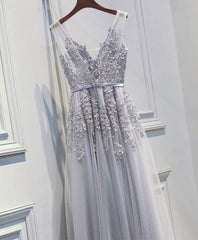 Wedding Dress Budget, Light Sliver Grey Lace Applique V-neckline Long Party Dress, Light Grey Wedding Party Dress
