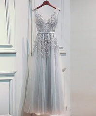 Wedding Dresses Budget, Light Sliver Grey Lace Applique V-neckline Long Party Dress, Light Grey Wedding Party Dress
