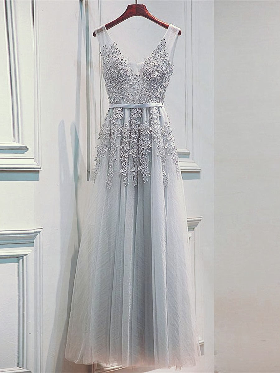 Wedding Dress Vintage Lace, Light Sliver Grey Lace Applique V-neckline Long Party Dress, Light Grey Wedding Party Dress