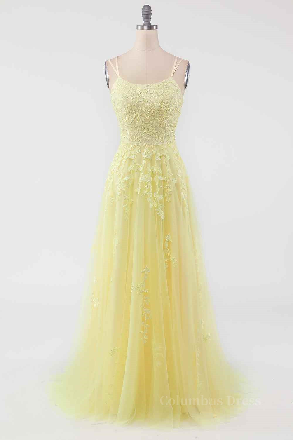 Party Dress In Store, Light Yellow A-line Scoop Neckline Embroidered Tulle Long Prom Dress