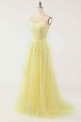 Party Dresses In Store, Light Yellow A-line Scoop Neckline Embroidered Tulle Long Prom Dress