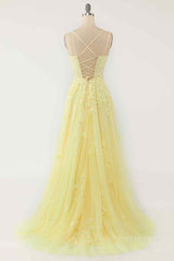 Party Dresses 2024, Light Yellow A-line Scoop Neckline Embroidered Tulle Long Prom Dress