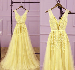 Party Dresses, Light Yellow Tulle Long Party Dress, A-line Prom Dress Evening Gowns