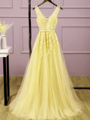 Prom Dress Inspiration, Light Yellow Tulle Long Party Dress, A-line Prom Dress Evening Gowns