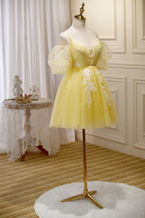 Evening Dresses Classy, Light Yellow Tulle with Lace Puffy Sleeves Party Dress, Yellow Homecoming Dresses