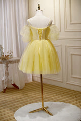 Evening Dresses 2029, Light Yellow Tulle with Lace Puffy Sleeves Party Dress, Yellow Homecoming Dresses