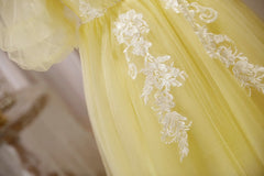 Evening Dresses Lace, Light Yellow Tulle with Lace Puffy Sleeves Party Dress, Yellow Homecoming Dresses