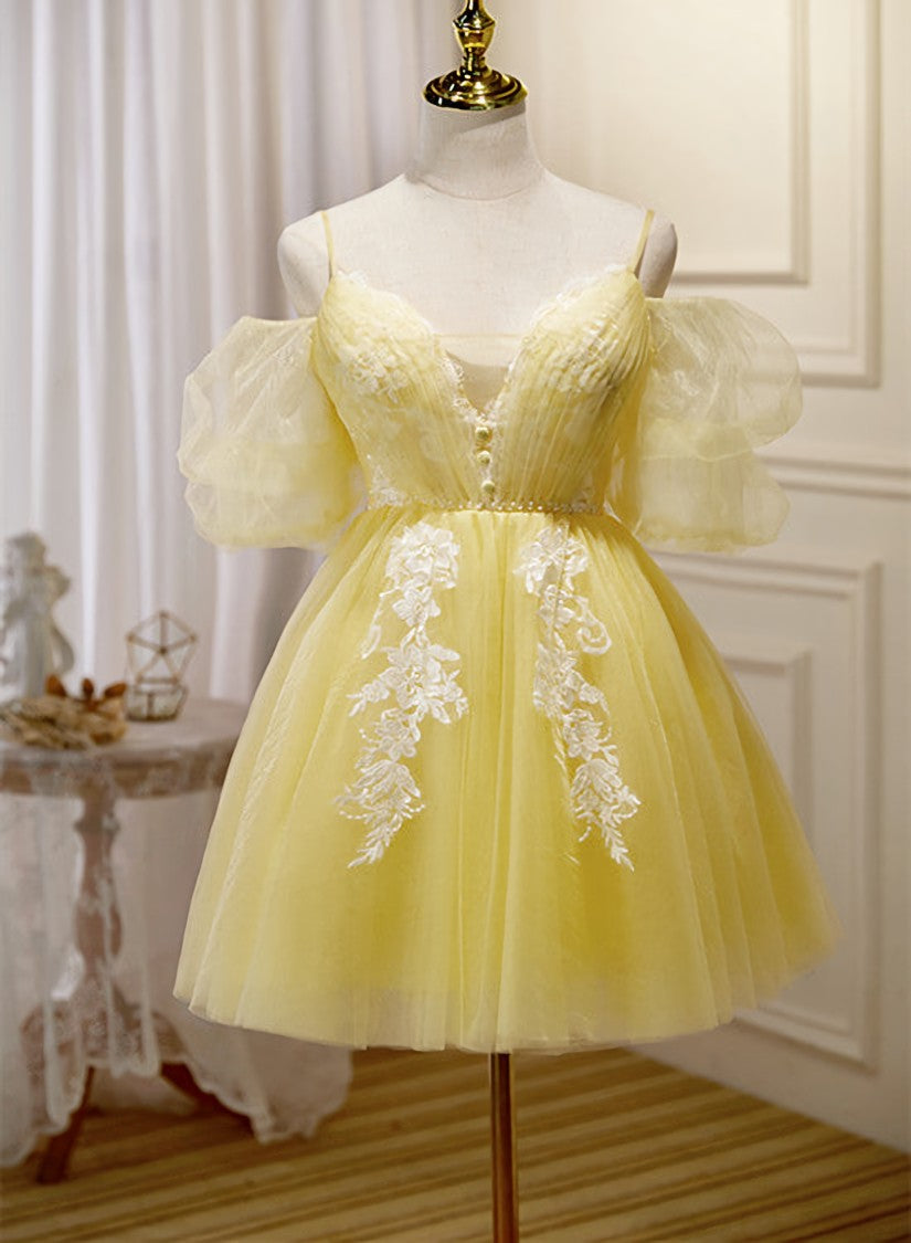 Evening Dresses Princess, Light Yellow Tulle with Lace Puffy Sleeves Party Dress, Yellow Homecoming Dresses
