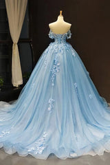 Casual Dress, Light Sky Blue Off The Shoulder Ball Gown Tulle Prom Dress With Applique
