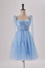 Blue Dress, Starry Light Blue Tulle A-line Princess Dress