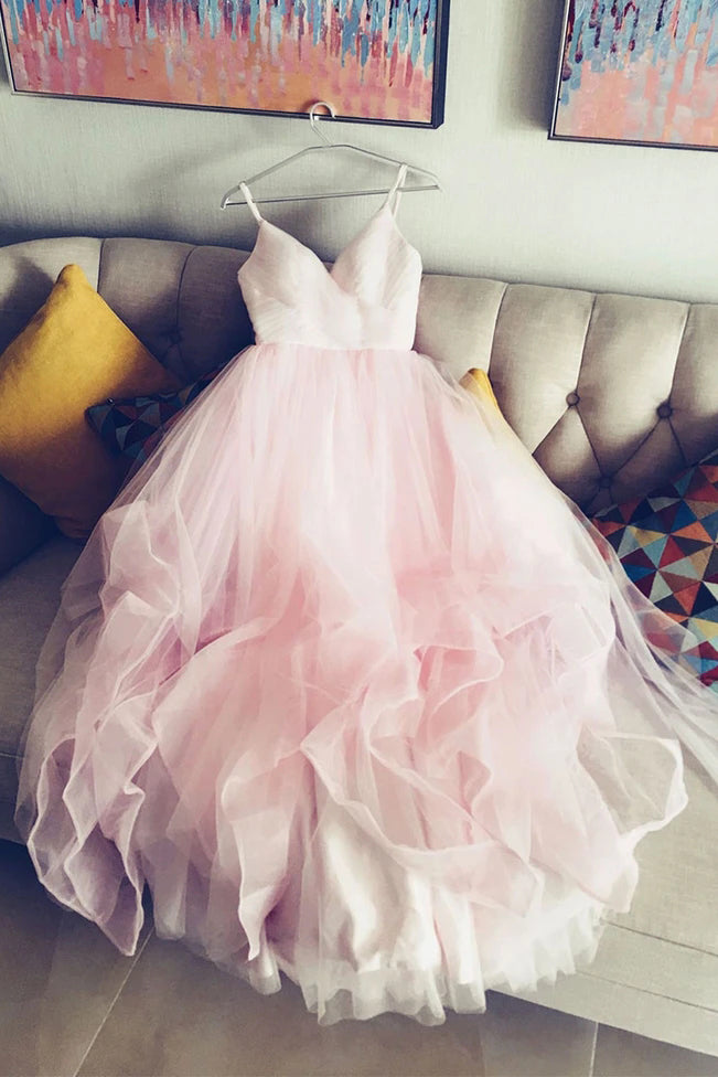 Party Dress For Christmas Party, Light Pink Spaghetti Straps Tulle Long Prom Formal Dress, Puffy Party Dress