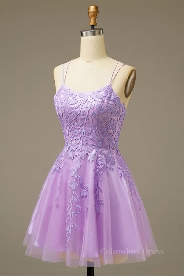 Party Dress For Christmas Party, Lilac A-line Lace-Up Back Applique Tulle Mini Homecoming Dress