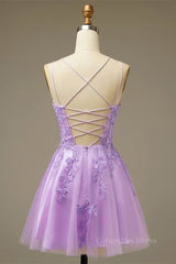 Party Dresses For Christmas Party, Lilac A-line Lace-Up Back Applique Tulle Mini Homecoming Dress
