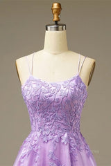 Party Dress Up Ideas Halloween Costumes, Lilac A-line Lace-Up Back Applique Tulle Mini Homecoming Dress