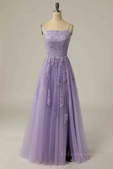 Party Dress Online Shopping, Lilac A-line Lace-Up Back Tulle Embroidery Slit Long Prom Dress