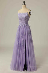 Party Dress Party Dress, Lilac A-line Lace-Up Back Tulle Embroidery Slit Long Prom Dress