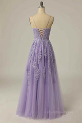 Party Dresses Weddings, Lilac A-line Lace-Up Back Tulle Embroidery Slit Long Prom Dress