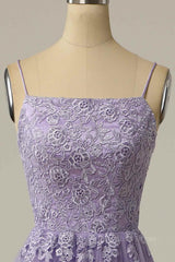 Party Dresses Wedding, Lilac A-line Lace-Up Back Tulle Embroidery Slit Long Prom Dress