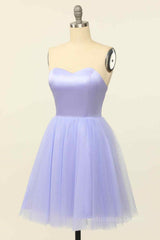 Party Dress Short Tight, Lilac A-line Strapless Sweetheart Lace-Up Back Mini Homecoming Dress
