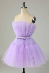Night Out Outfit, Lilac A-line Strapless Voluminous Tulle Mini Homecoming Dress with Sash
