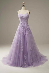 Party Dresses 2022, Lilac A-line Tulle Lace-up Back 3D Applique Long Prom Dress